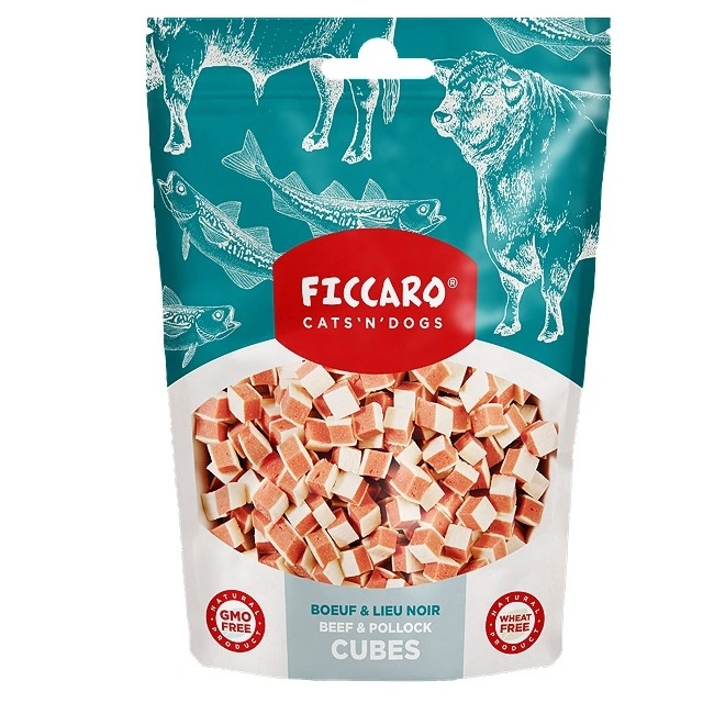 FICCARO Hundesnack Okse & Sej Cubes - bløde tern af okse og sej 100 g